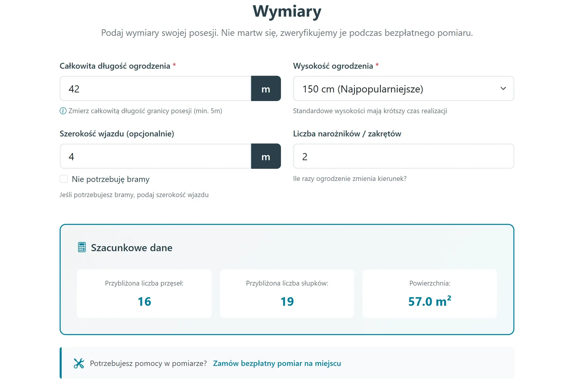 Krok wymiarów z wypełnionymi polami (42 m, 150 cm, brama 4 m, 2 narożniki) i panelem szacunkowych danych — 16 przęseł, 19 słupków, 57 m².