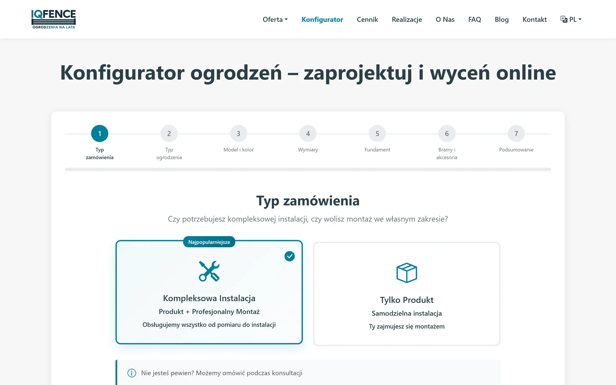 Pierwszy krok konfiguratora — wybór między kompleksową instalacją a samym produktem, z paskiem postępu siedmiu kroków.