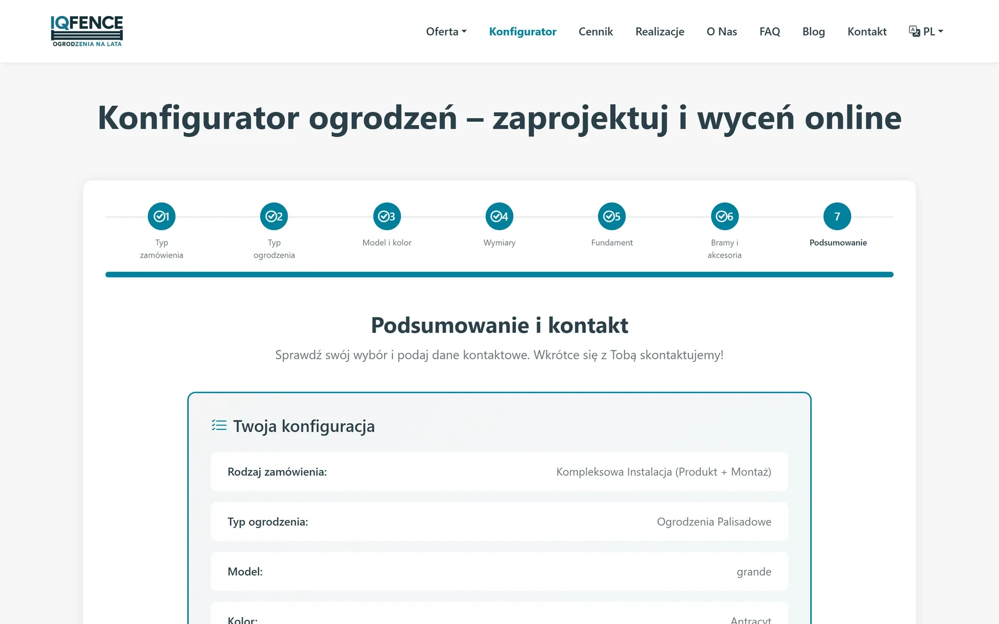 Krok 7 konfiguratora — podsumowanie „Twoja konfiguracja” z rodzajem zamówienia, typem ogrodzenia, modelem i kolorem.