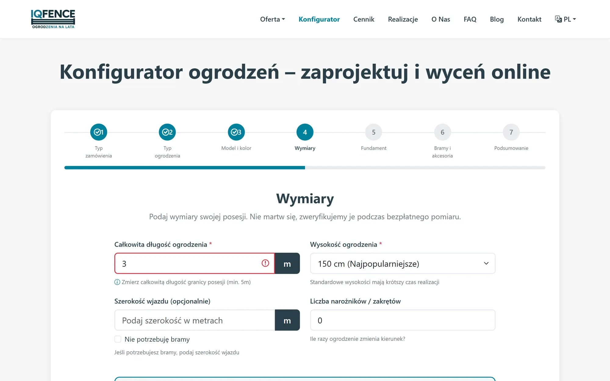 Pole długości ogrodzenia z wartością 3 m oznaczone na czerwono i komunikatem o minimalnej długości 5 m.