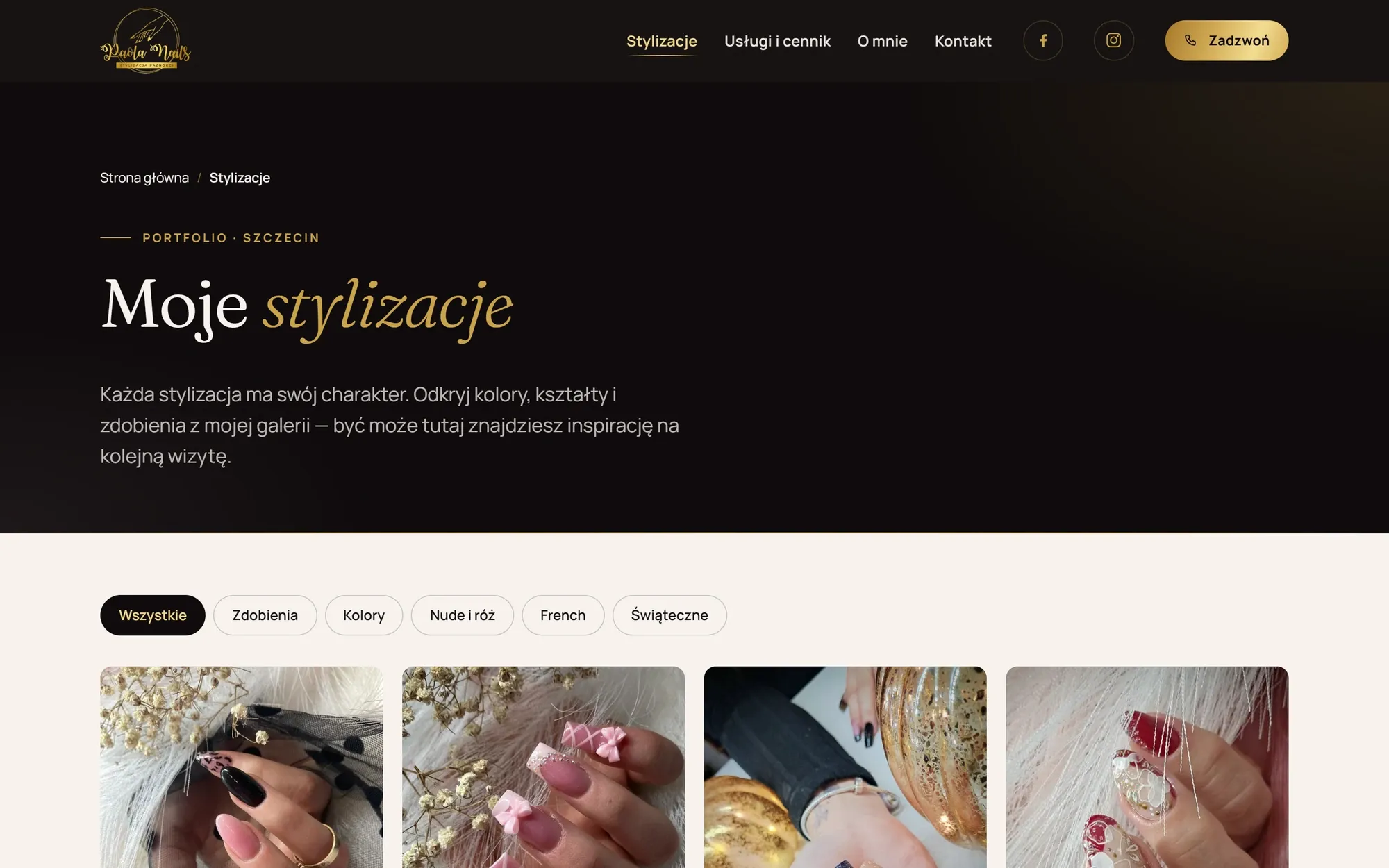 Strona galerii „Moje stylizacje” z filtrami kategorii i siatką zdjęć.