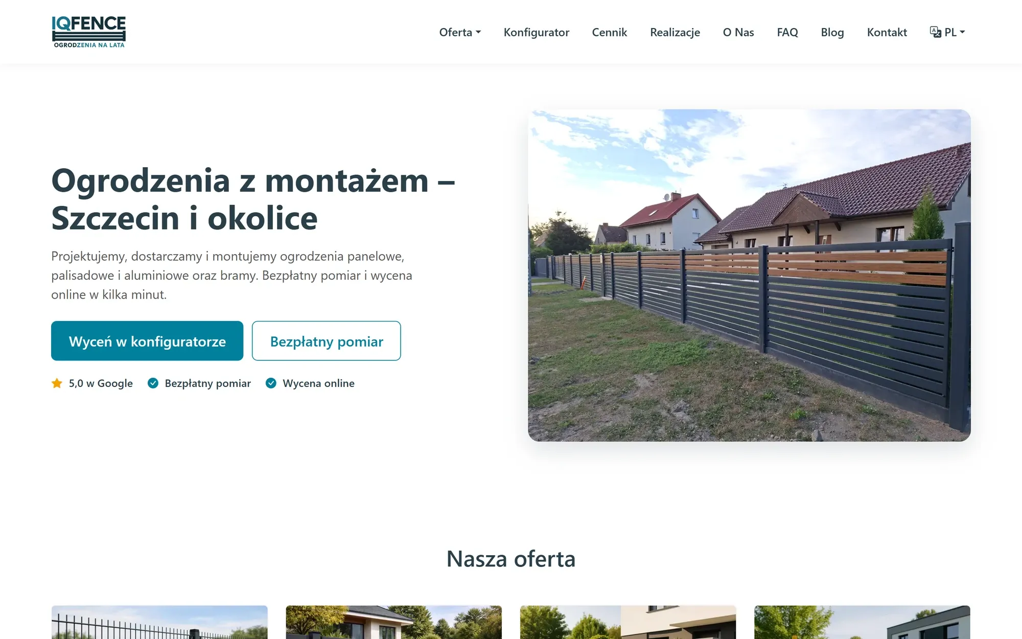 Strona główna IQ Fence na komputerze — nagłówek „Ogrodzenia z montażem — Szczecin i okolice”, zdjęcie zamontowanego ogrodzenia i dwa przyciski.
