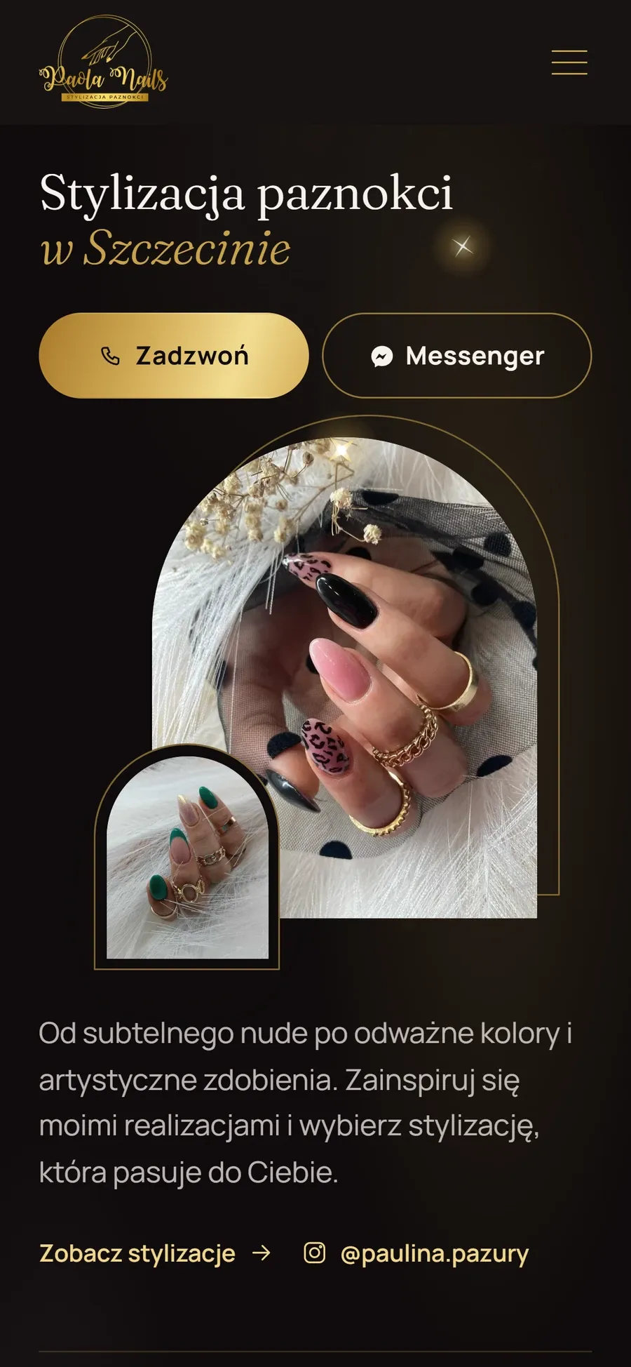 Strona główna Paola Nails na telefonie z przyciskami Zadzwoń i Messenger.