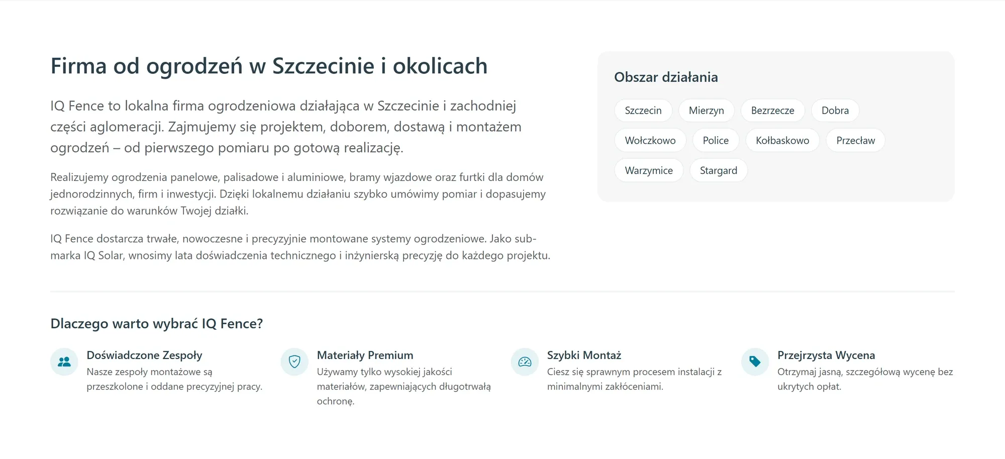 Sekcja „Firma od ogrodzeń w Szczecinie i okolicach” z listą obsługiwanych miejscowości.