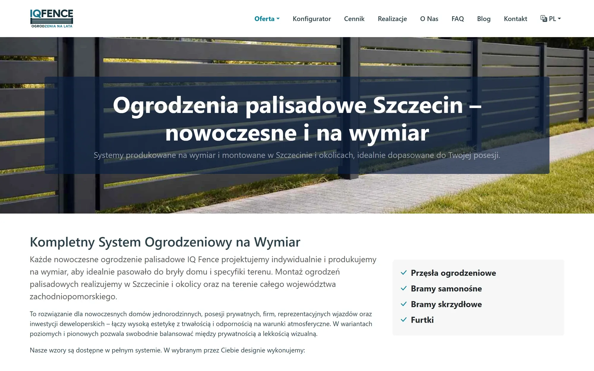 Strona produktowa ogrodzeń palisadowych — pełnoekranowe zdjęcie z nagłówkiem i opisem systemu.