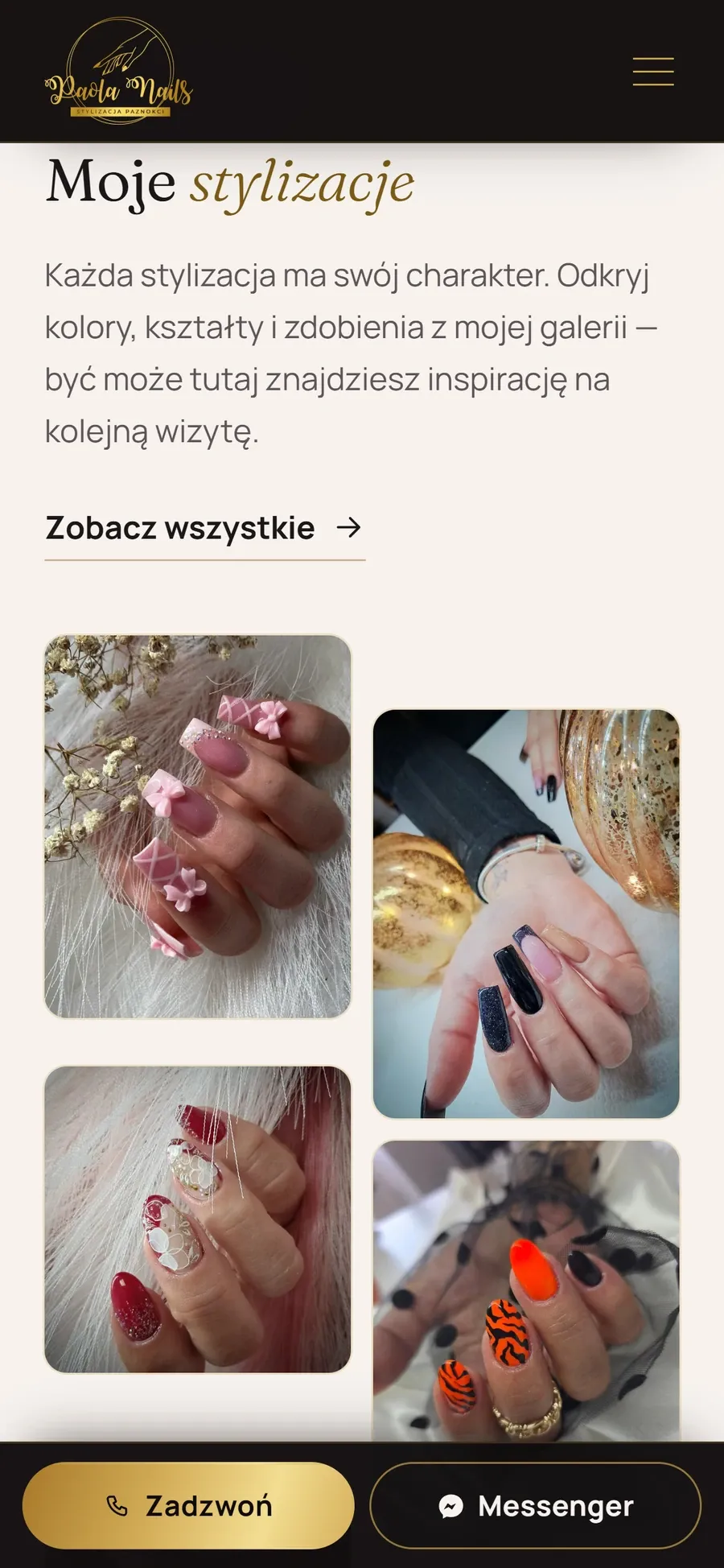 Sekcja stylizacji na telefonie — zdjęcia w dwóch kolumnach i pasek szybkiego kontaktu na dole ekranu.