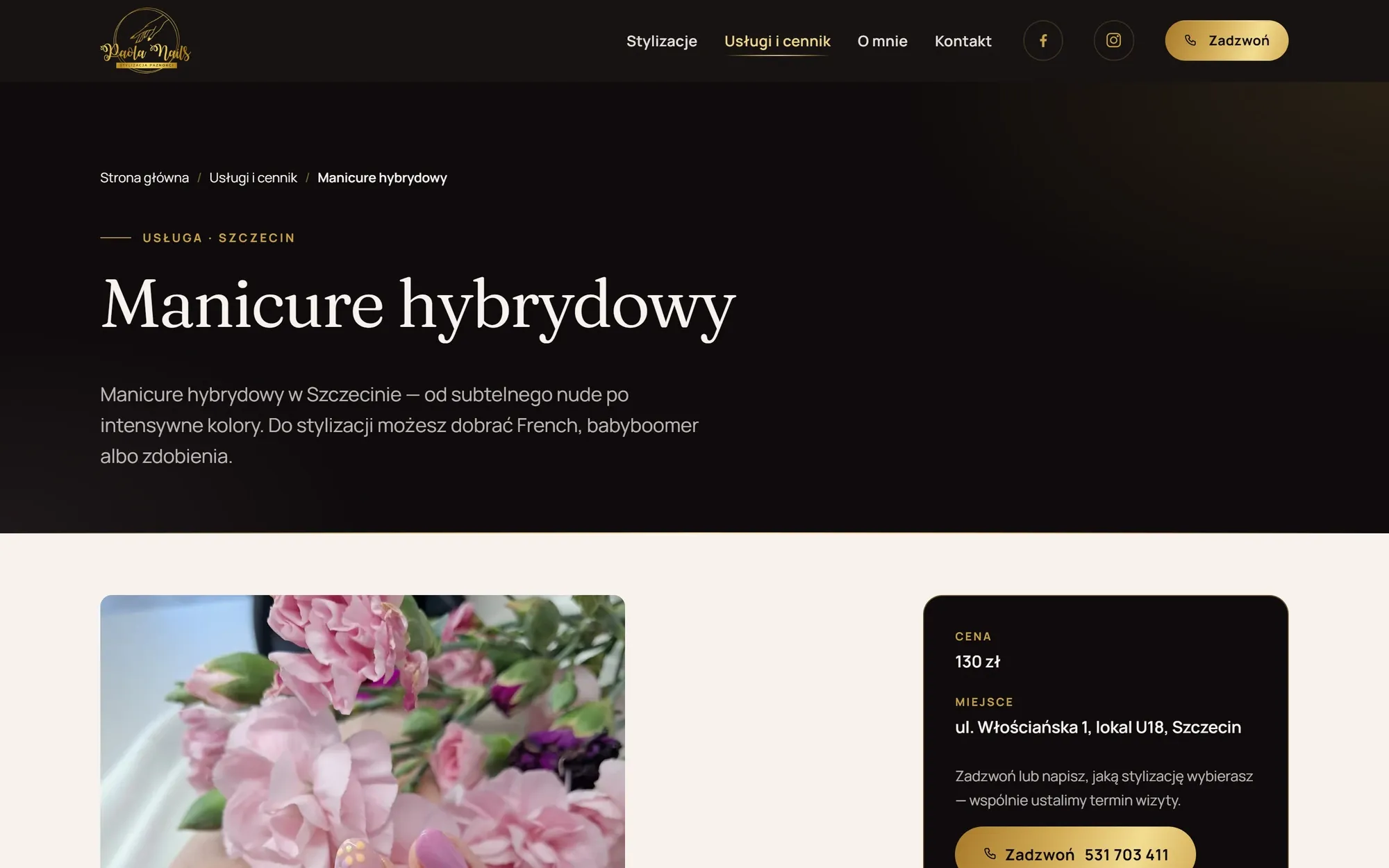 Strona usługi „Manicure hybrydowy” z opisem, ceną i przyciskiem kontaktu.