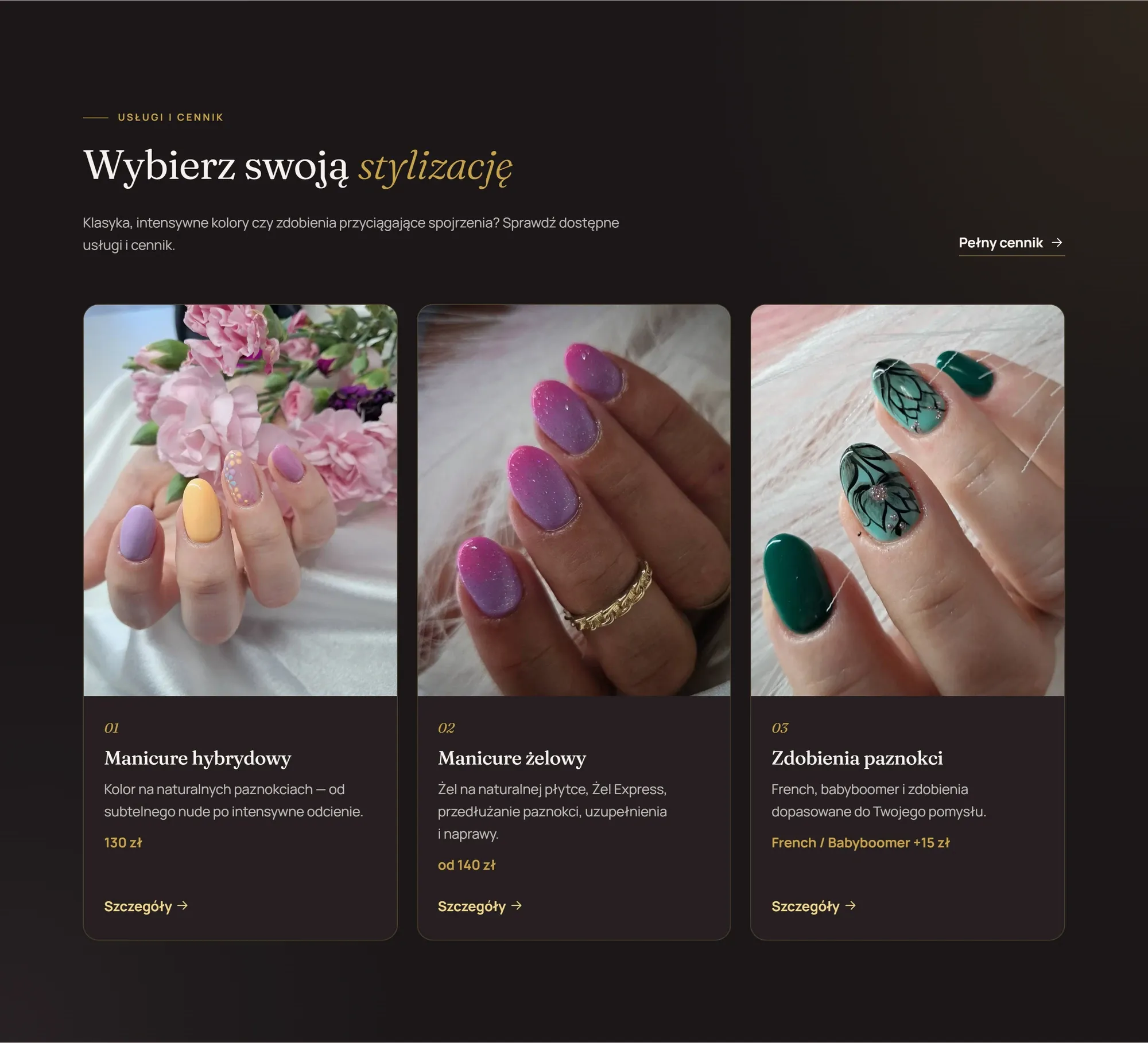 Sekcja usług — zdjęcia stylizacji w kartach na grafitowym tle ze złotą typografią.